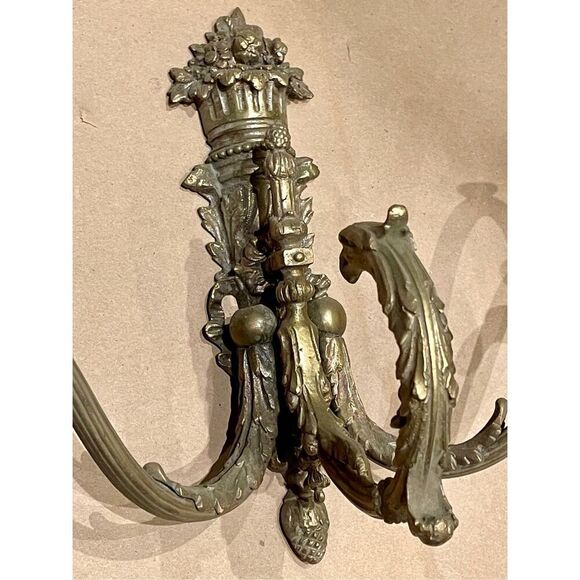 Antique  French Brass Candelabra Wall Hanging Sconce Candle Holder Fedral Foilag - Picture 5 of 10